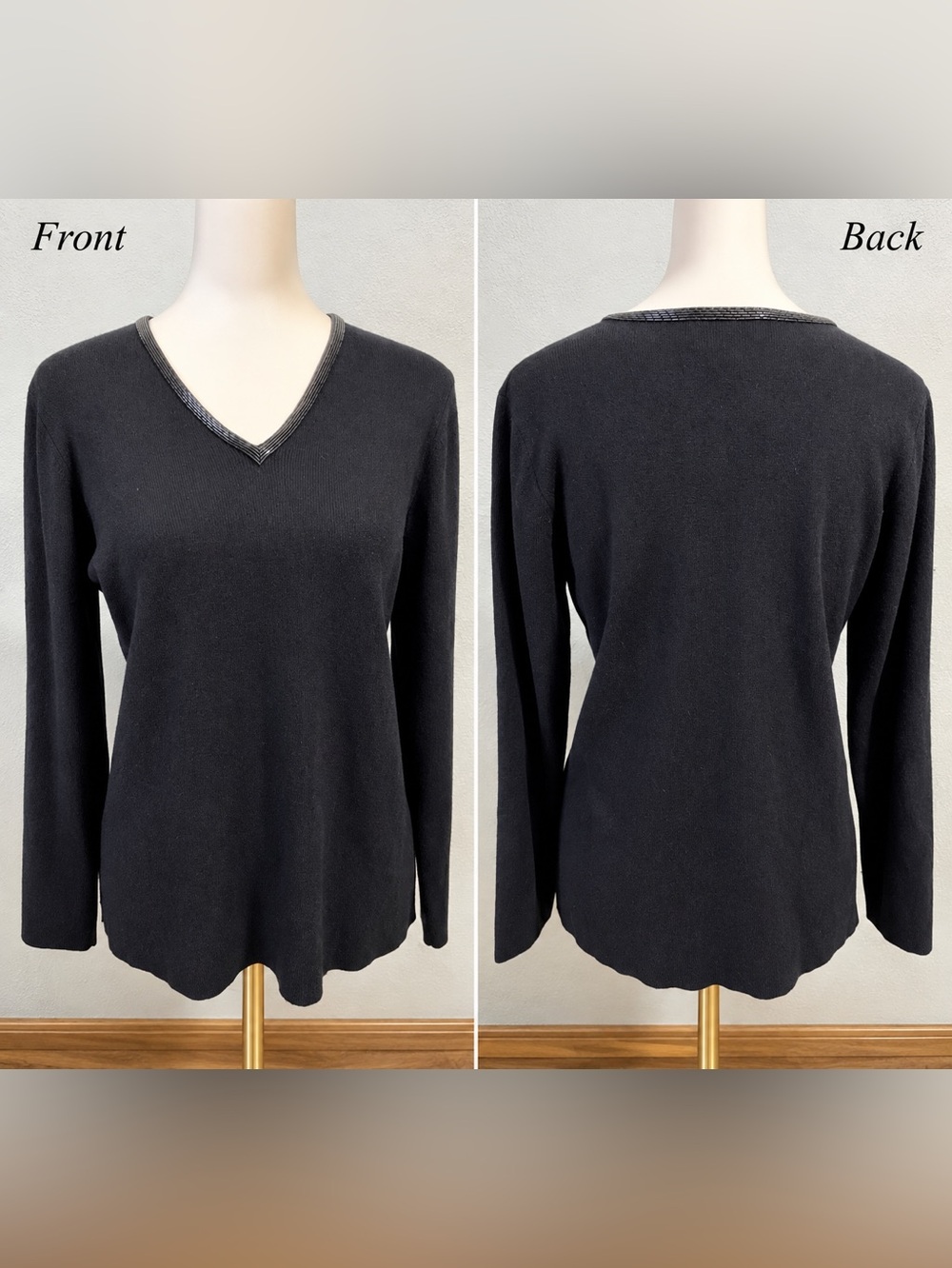Lauren Ralph Lauren Black Wool Angora Cashmere VNeck Sweater Beaded Quiet Luxury